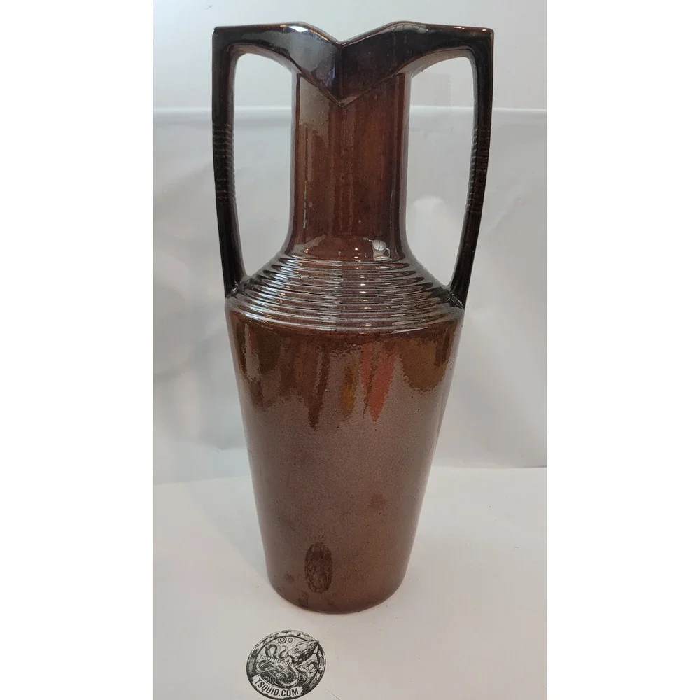 Nemadji Pottery Vase 4688P Vintage Modern Brown Glazed Ribbed Dual Handle 14